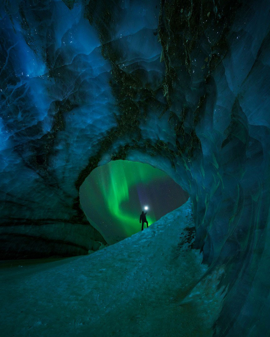 Northern Lights Aurora in Castner Glacier in Alaska