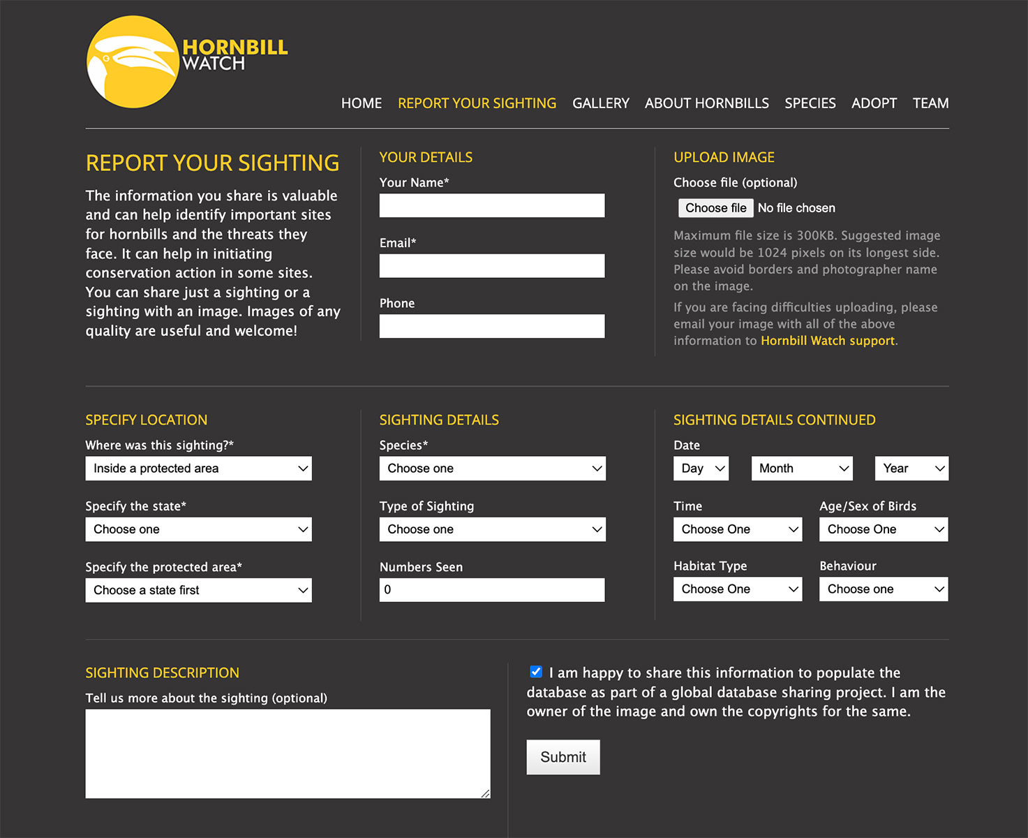 Hornbill Watch 'Report Your Sighting' Page