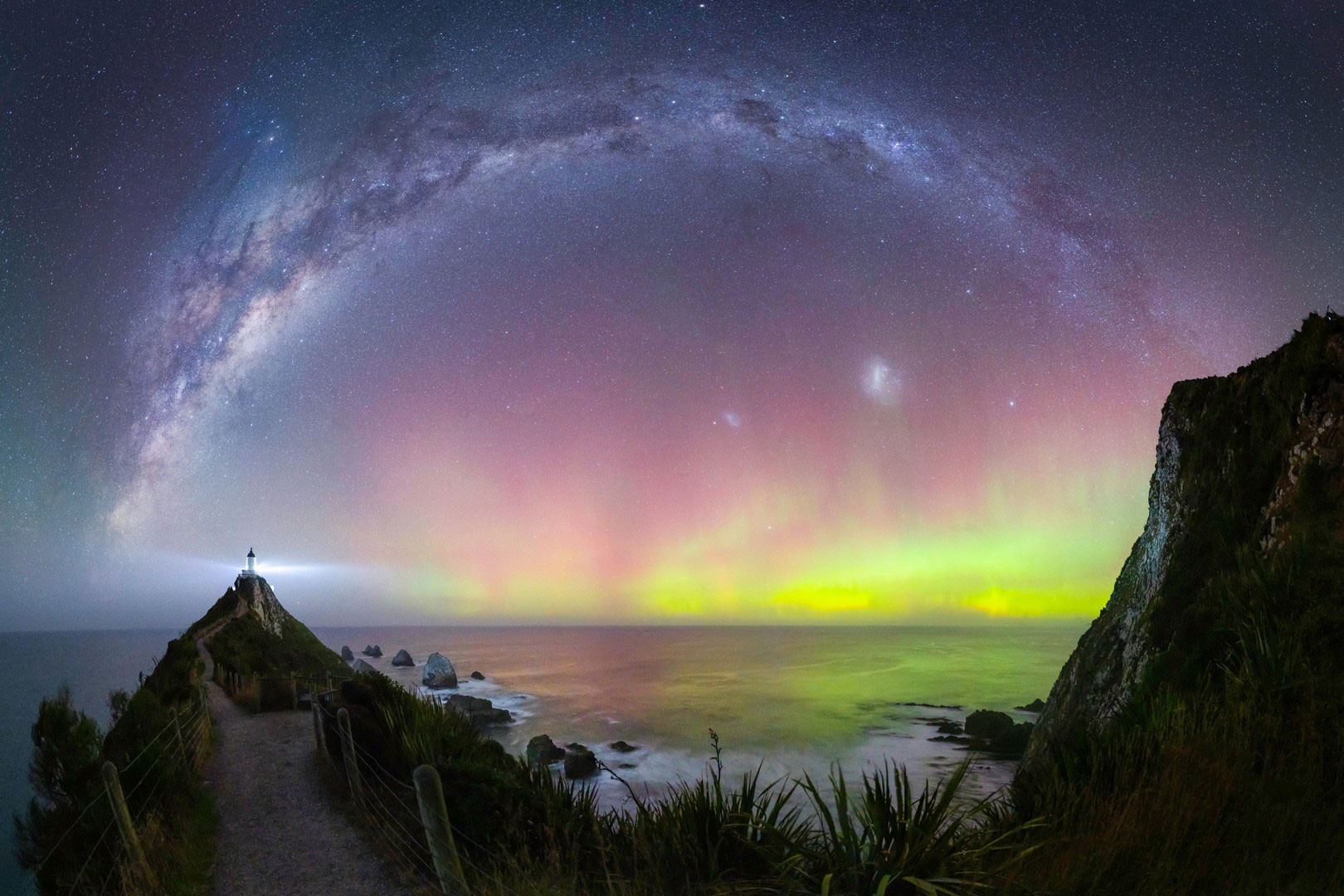 Aurora Australis in Nugget Point Lighthouse in New Zealand