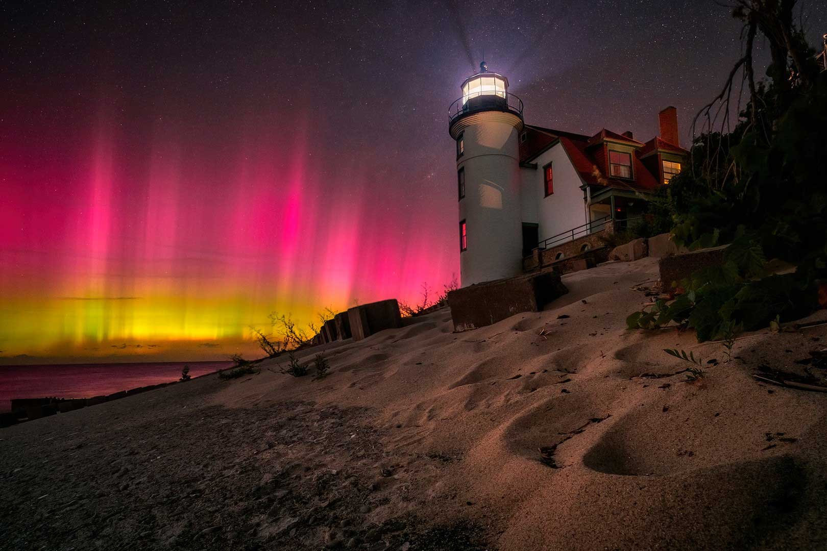 Northern Lights in Point Betsie Lighthouse in Michigan