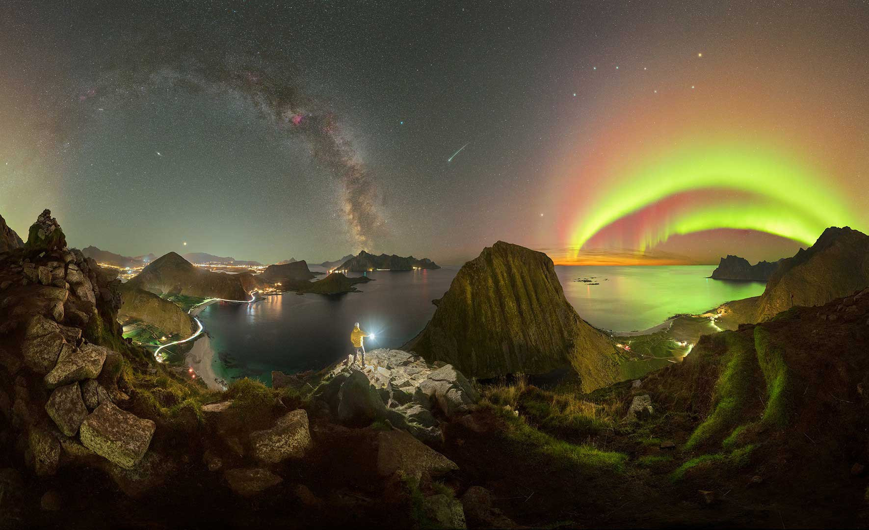 Northern Lights and Milky Way in Lofoten Islands Norway