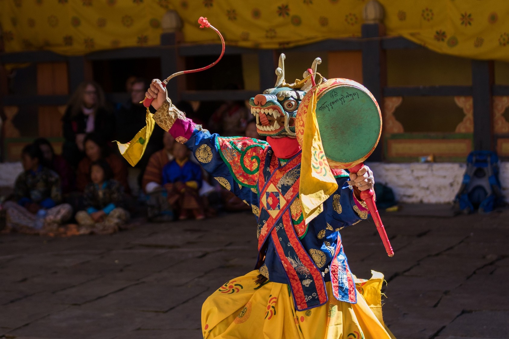 I attended the Tsechu, an annual masked festival in Jakar Dzong, Bumthang, Bhutan. Buddhist monks from various monasteries in the region perform the events from the life of Guru Rinpoche, one of the most revered figures in Tibetan Buddhism. The fight between good and evil is depicted through slow-moving dances accompanied by traditional instruments.